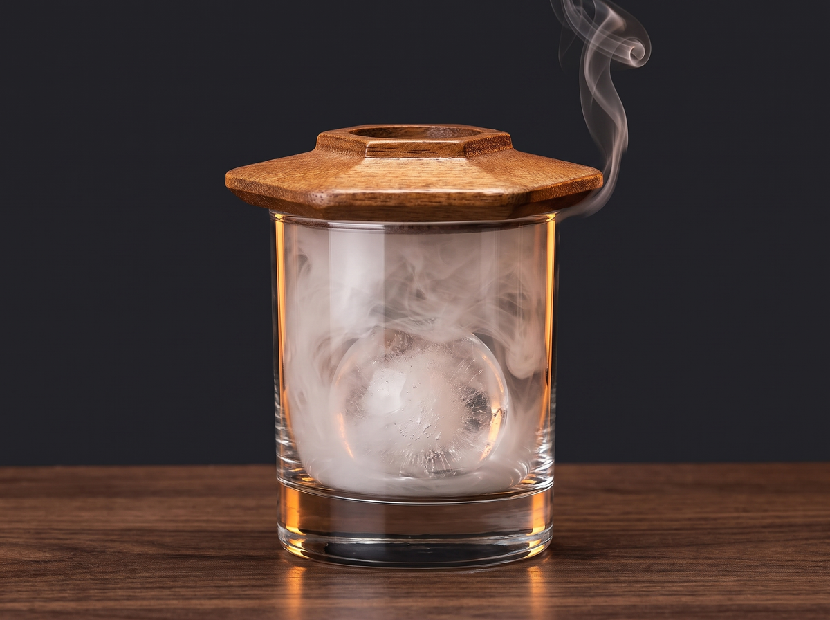 Whiskey glass full of wood smoke next to the Emberlid oak lid